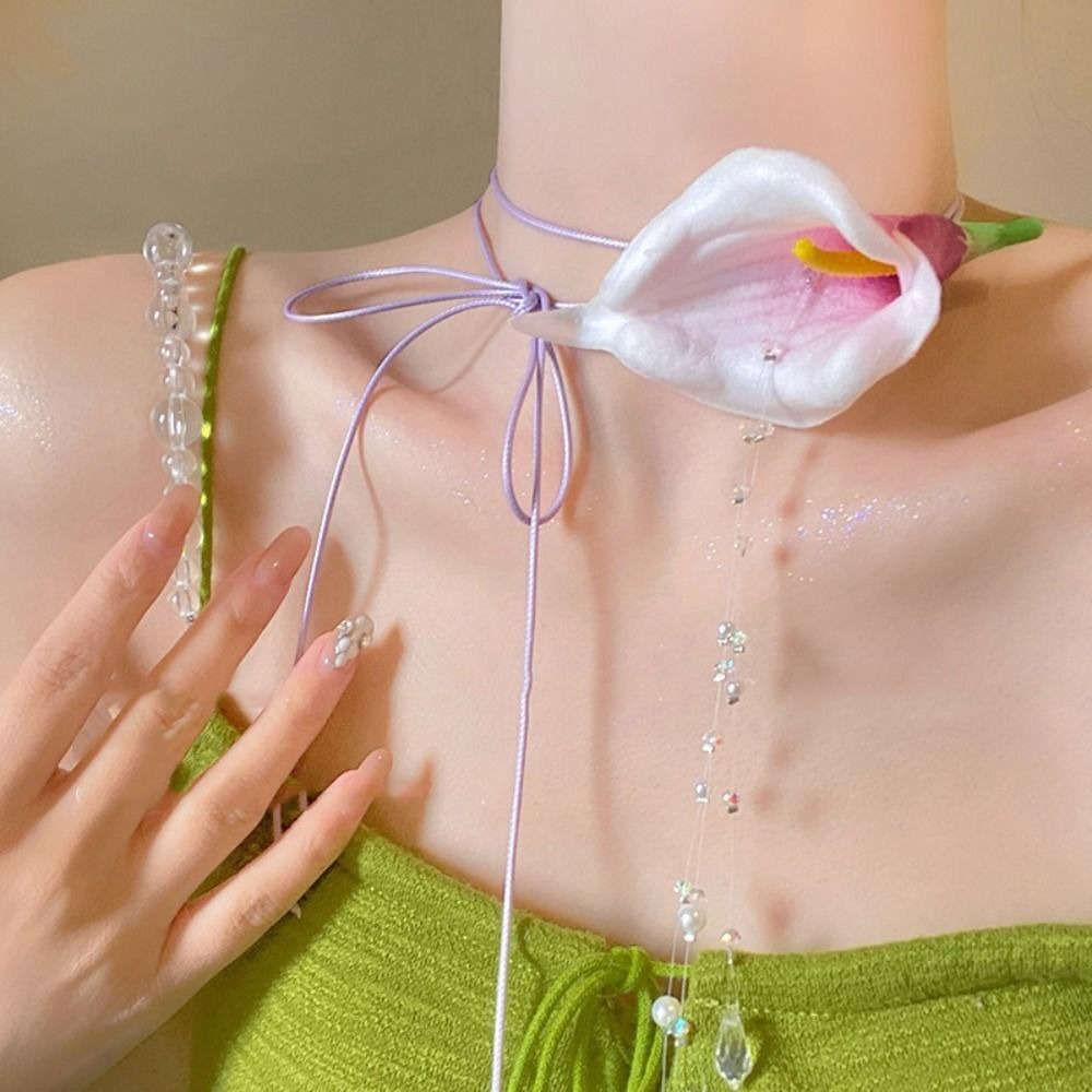 Pearl Choker Necklace Vintage - Moda exagerada Calla Lily colgante con